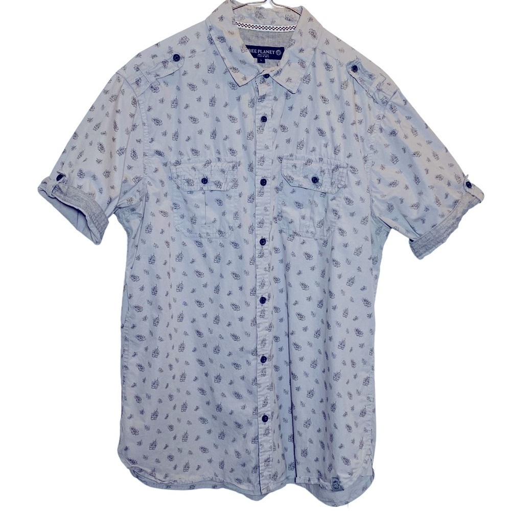 Free Planet men's size Large Cotton button up blue gray short roll sleeve
